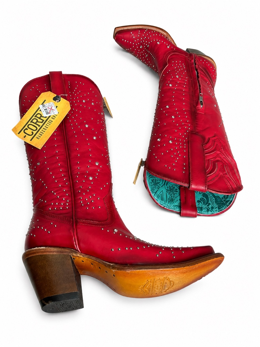 Corral Red Studded Tall Western Boots Sz 7 Snip Toe Side Zip NWT